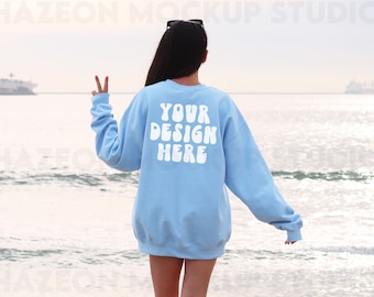 Gildan 18000 Light Blue Back Mockup Oversized Aesthetic Beach Light Blue Hoodie Mockup Gildan Crewneck Trendy Mock Outdoors Words on Back