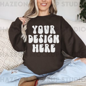 Gildan 18000 Dark Chocolate Mockup Crewneck Sweatshirt Mockup G180 Oversized Brown Mockup Aesthetic Boho Neutral Mockup Trendy Model Mockup