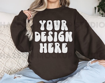 Gildan 18000 Dark Chocolate Mockup Crewneck Sweatshirt Mockup G180 Oversized Brown Mockup Aesthetic Boho Neutral Mockup Trendy Model Mockup
