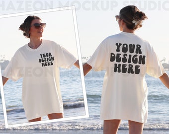 Comfort Colors C1717 Ivory Front Back Mockup Oversized Outdoors Beach Mockup Colors Ivory Shirt Aesthetic Mockup Trendy Mock Words on Back