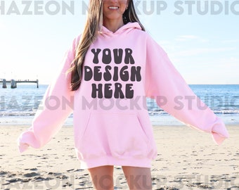 Gildan 18500 Light Pink Hoodie Mockup Sweatshirt Mockup Oversized Mockup Beach Model Mockup Trendy Mock Mockup Words On Back Aesthetic Mock
