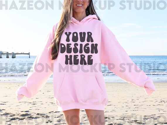 Gildan 18500 Light Pink Hoodie Mockup Sweatshirt Mockup Oversized Mockup Beach Model Mockup Trendy Mock Mockup Words On Back Aesthetic Mock