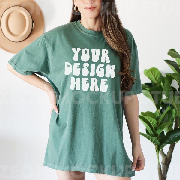 Comfort Colors Mockup, C1717 Light Green Shirt, Comfort Colors Light Green Shirt, CC Mockup, C1717 Mockup, Oversized, Boho Model Mockup