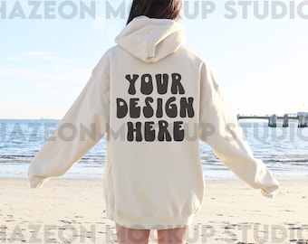 Gildan 18500 Hoodie Back Mockup Sand Sweatshirt Oversized Mockup Beach Model Mockup Trendy Mock Mockup Words On Back Aesthetic Mockup