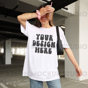 Comfort Colors C1717 White Mockup Oversized Shirt White Outdoors Mockup Aesthetic Mockup Iced Coffee Mockup Model Mockup Trendy Preppy White