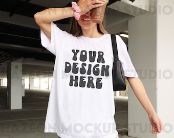 Comfort Colors C1717 White Mockup Oversized Shirt White Outdoors Mockup Aesthetic Mockup Iced Coffee Mockup Model Mockup Trendy Preppy White