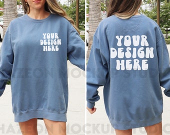 Comfort Colors  Front And Back Mockup Mock Up 1566 Blue Jean Oversized Outdoor Beach Mockup Colors Blue Shirt Aesthetic Mockup Words on Back