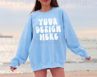 Gildan 18000 Light Blue Crewneck Sweatshirt Mockup Oversized Blue Hoodie Mockup Aesthetic Outdoors Beach Mockup Trendy Blue Model Mockup