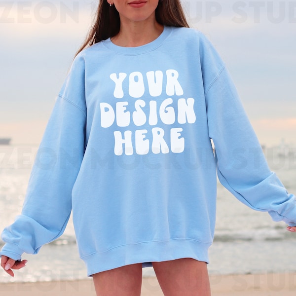 Gildan 18000 Light Blue Crewneck Sweatshirt Mockup Oversized Blue Hoodie Mockup Aesthetic Outdoors Beach Mockup Trendy Blue Model Mockup