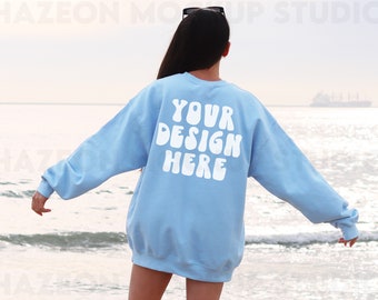 Gildan 18000 Light Blue Back Mockup Oversized Aesthetic Beach Light Blue Hoodie Mockup Gildan Crewneck Trendy Mock Outdoors Words on Back
