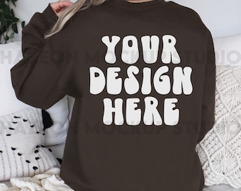 Gildan 18000 Back Mockup Dark Chocolate Mockup Felpa girocollo Mockup G180 Oversized Sand Mockup Aesthetic Mockup Trendy Model Mockup