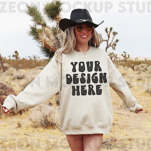 Gildan 18000 Sand Sweatshirt Mockup Oversized Sweatshirt Mockup Trendy Mock Cowgirl Western Aesthetic Mockup Words On Back Model Mockup