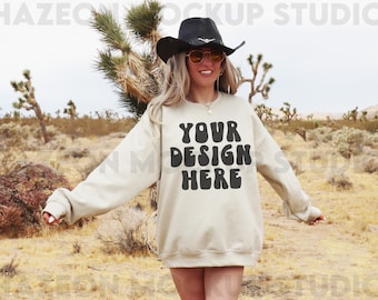 Gildan 18000 Sand Sweatshirt Mockup Oversized Sweatshirt Mockup Trendy Mock Cowgirl Western Aesthetic Mockup Words On Back Model Mockup