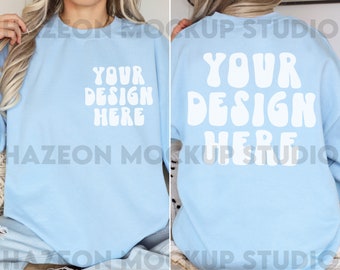 Gildan 18000 Front And Back Mockup Light Blue Mock Up 18000 Oversized Simple Mockup Boho Neutral Blue Aesthetic Mockup Words on Back