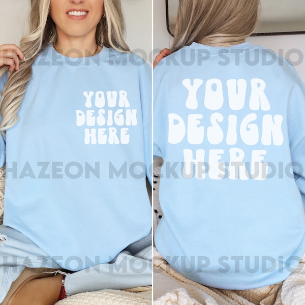 Gildan 18000 Front And Back Mockup Light Blue Mock Up 18000 Oversized Simple Mockup Boho Neutral Blue Aesthetic Mockup Words on Back