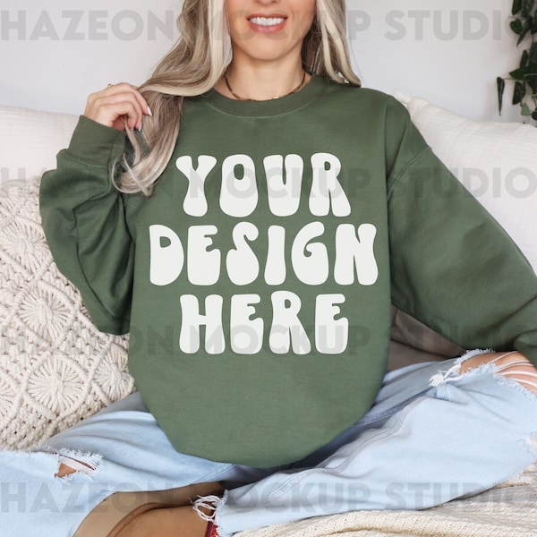 Gildan 18000 Military Green Mockup Crewneck Sweatshirt Mockup G180 Oversized Green Mockup Aesthetic Boho Neutral Mockup Trendy Model Mockup