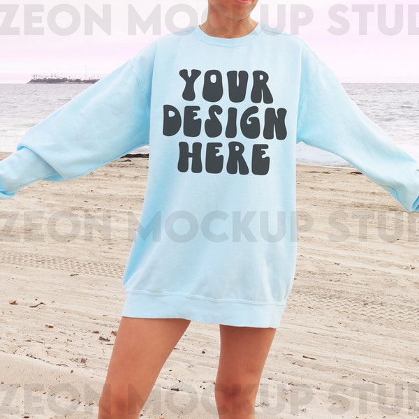 Comfort Colors 1566 Oversized Mockup Chambray Comfort Colors Sweatshirt Mockup Beach Outdoors Lifestyle Aesthetic Trendy Crewneck Mockup