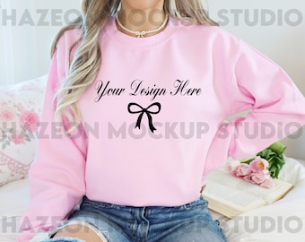 Gildan 18000 Light Pink Mockup Coquette Crewneck Sweatshirt Mockup Light Pink G180 Pink Mockup Aesthetic Boho Neutral Mockup Trendy Model