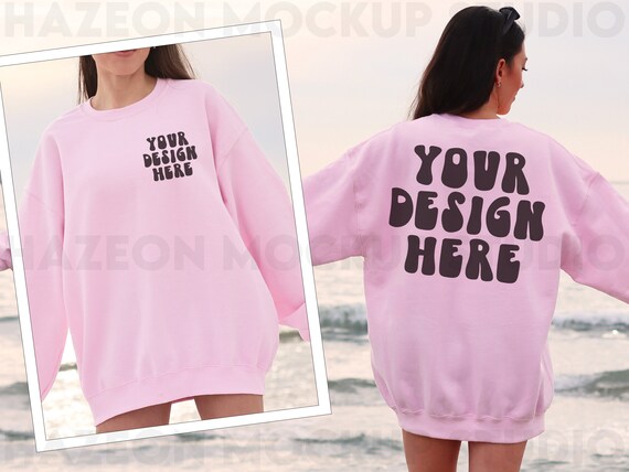 Gildan 18000 Light Pink Front Back Mockup Oversized Outdoors Hoodie Mockup Gildan Pink Crewneck Aesthetic Mockup Trendy Words on Back