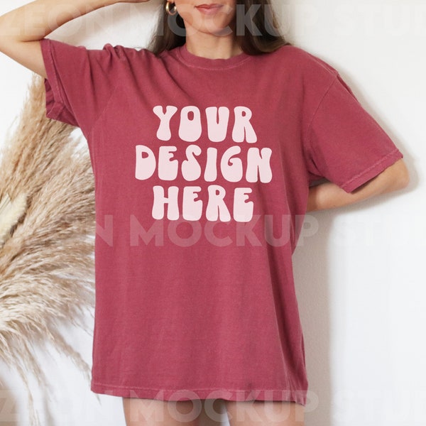 Comfort Colors Mockup, C1717 Crimson Shirt, Comfort Colors Crimson Shirt, CC Mockup, C1717 Mockup, Oversized Mockup, Boho Model Mockup