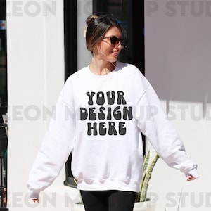 Gildan 18000 White Crewneck Sweatshirt Mockup Hiking Mockup Oversized White Hoodie Mockup Aesthetic Mockup Outdoor Trendy Mock Model Mockup