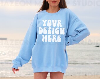 Gildan 18000 Light Blue Crewneck Sweatshirt Mockup Oversized Blue Hoodie Mockup Aesthetic Outdoors Beach Mockup Trendy Blue Model Mockup