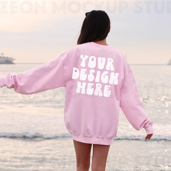 Gildan 18000 Light Pink Mockup Oversized Aesthetic Beach Light Pink Hoodie Mockup Gildan Pink Crewneck Trendy Mock Outdoors Words on Back