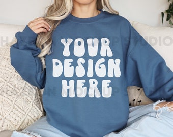 Gildan 18000 Indigo Blue Mockup Crewneck Sweatshirt Mockup G180 Oversized Indigo Mockup Aesthetic Boho Neutral Mockup Trendy Model Mockup