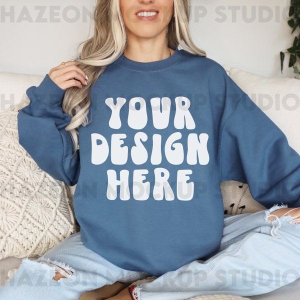 Gildan 18000 Indigo Blue Mockup Crewneck Sweatshirt Mockup G180 Oversized Indigo Mockup Aesthetic Boho Neutral Mockup Trendy Model Mockup