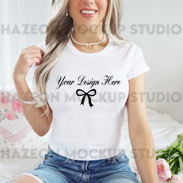 Bella Canvas 1010 Mockup White Baby Tee Mockup Coquette Mockup 1010 Mockup Aesthetic Girly Mockup Trendy Model Mockup Coquette Baby Tee