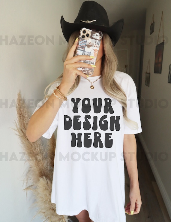 Comfort Colors C1717 White Mockup Cowgirl Western Oversized White Tshirt Mockup Trendy Mock Aesthetic Mockup Words On Back Model Mockup