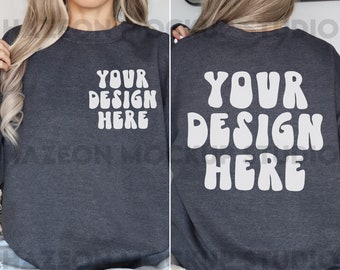 Gildan 18000 Front And Back Mockup Dark Heather Mock Up 18000 Oversized Simple Heather Mockup Boho Neutral Aesthetic Mockup Words on Back