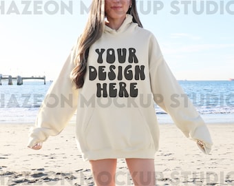 Gildan 18500 Sand Hoodie Mockup Sweatshirt Mockup Oversized Mockup Beach Model Mockup Trendy Mock Mockup Words On Back Aesthetic Mockup