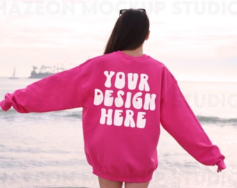 Gildan 18000 Heliconia Pink Back Mockup Oversized Aesthetic Beach Pink Hoodie Mockup Gildan Pink Crewneck Trendy Mock Outdoors Words on Back