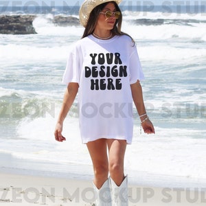 Comfort Colors C1717 White Mockup Oversized White Tshirt Mockup Trendy Mock Cowgirl Western Mockup Coastal Beach Model Mockup