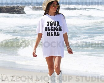 Comfort Colors C1717 White Mockup Oversized White Tshirt Mockup Trendy Mock Cowgirl Western Mockup Coastal Beach Model Mockup