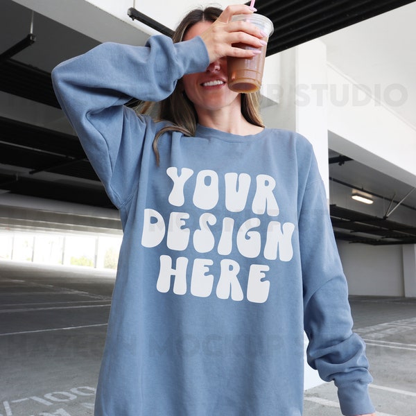 Comfort Colors 1566 Oversized Mockup Blue Jean Comfort Colors Sweatshirt Mockup Blue Outdoors Lifestyle Aesthetic Trendy Crewneck Mockup