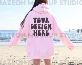 Gildan 18500 Hoodie Back Mockup Light Pink Sweatshirt Oversized Mockup Beach Model Mockup Trendy Mock Mockup Words On Back Aesthetic Mockup