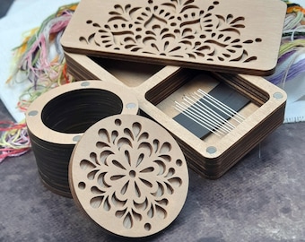 Wooden Sewing Box Set: Floral Carved Lid, Needle Organizer