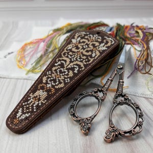 Sewing Accessory Set with Copper Scissors, Сross Stitch, Antique Scissors Case, Vintage Hand Sewing Kit, Gift For Grandmother
