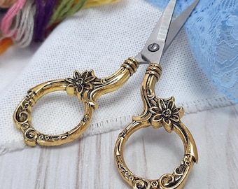 Gold Vintage Floral Scissors, Embroidery Sewing Craft Tool