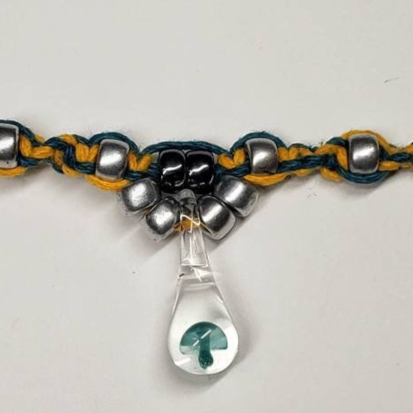 Teal and Gold Colored Hemp Mini Teal Mushroom Necklace / Choker with Czech Glass Accent beads in Silver and Hematite