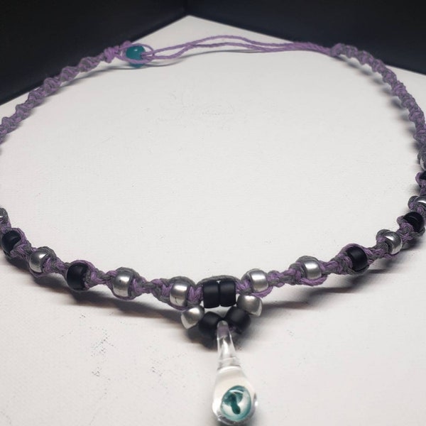 Lilac Purple and Grey Colored Hemp Mini Teal Mushroom Necklace / Choker with Czech Glass Accent beads in Silver and Black