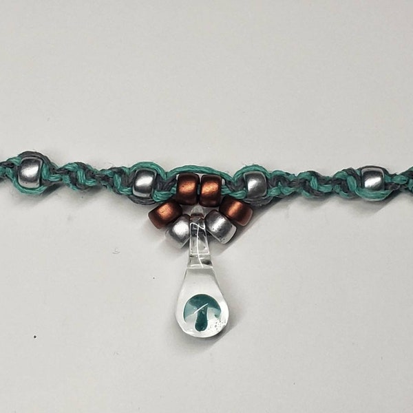 Grey and Aqua Colored Hemp Mini Teal Mushroom Necklace / Choker with Czech Glass Accent beads in Silver, Dark Copper and Hematite