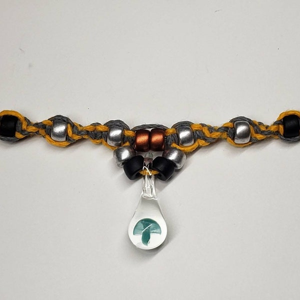 Grey and Gold Colored Hemp Mini Teal Mushroom Necklace / Choker with Czech Glass Accent beads in Silver, Black and Copper