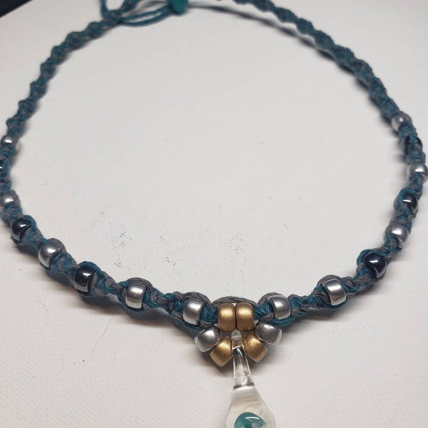 Grey and Teal Colored Hemp Mini Teal Mushroom Necklace / Choker with Czech Glass Accent beads in Silver, Gold and Hematite