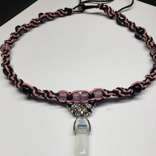 Pink and Black Colored Hemp Necklace / Choker with Crystal Pendant Healing Balance Chakra Charm
