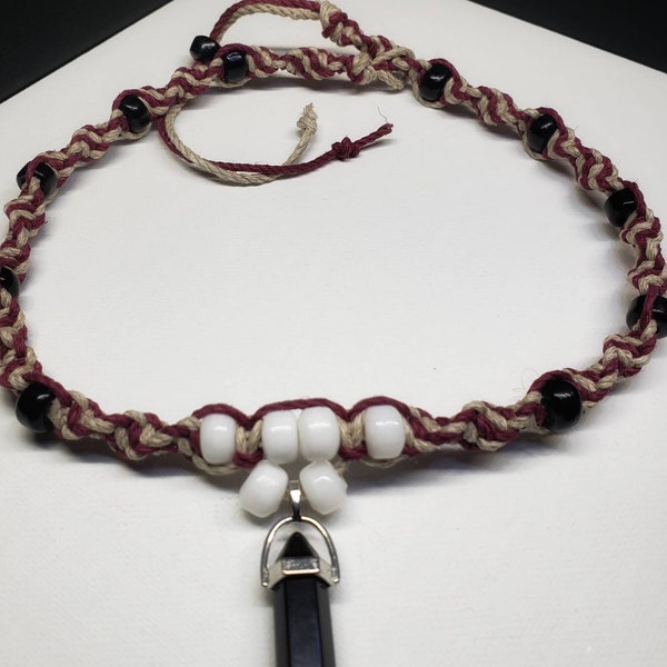 Burgundy and Natural Colored Hemp Necklace / Choker with Crystal Pendant Healing Balance Chakra Charm