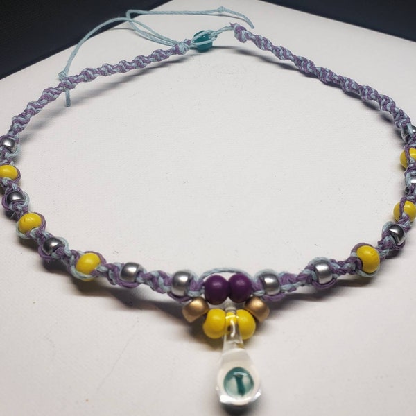 Lilac Purple and Baby Blue Colored Hemp Mini Teal Mushroom Necklace / Choker with Czech Glass and Wood Accent beads