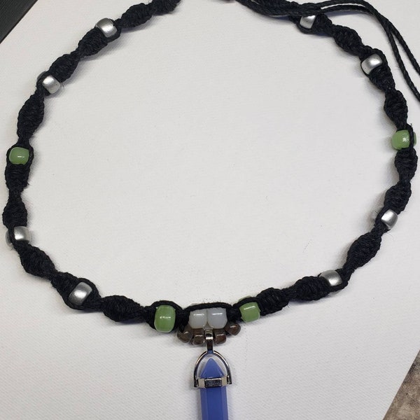 Black Colored Hemp Necklace / Choker with Crystal Pendant Healing Balance Chakra Charm Periwinkle